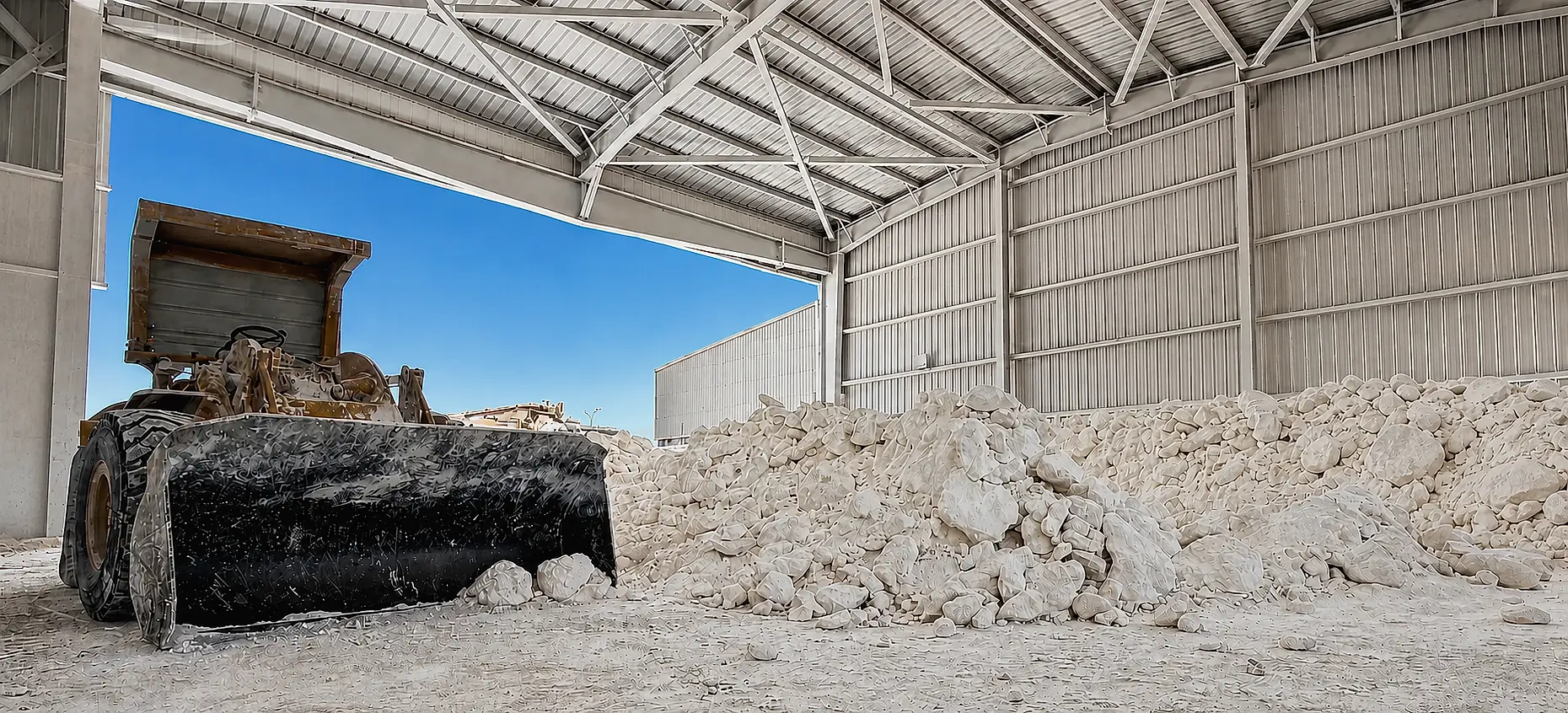 Raw white Egyptian limestone stockpiled in a covered storage bay at our plant, with a wheel loader alongside